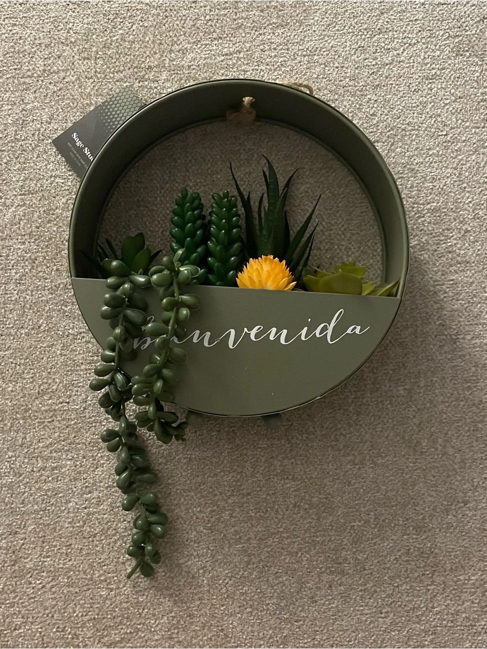 Olive Green 'Bienvenida' Wall Planter with Faux Succulents